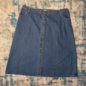 Woman Within Woman’s Long Blue Denim Button-Front A-Line Skirt with Pockets Plus